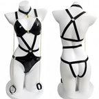 Fetish Black PU Leather Bodysuit with Chains & Hand Restraints