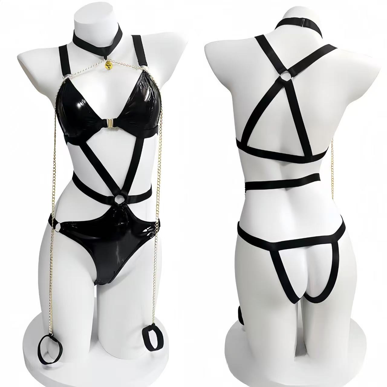 Fetish Black PU Leather Bodysuit with Chains & Hand Restraints