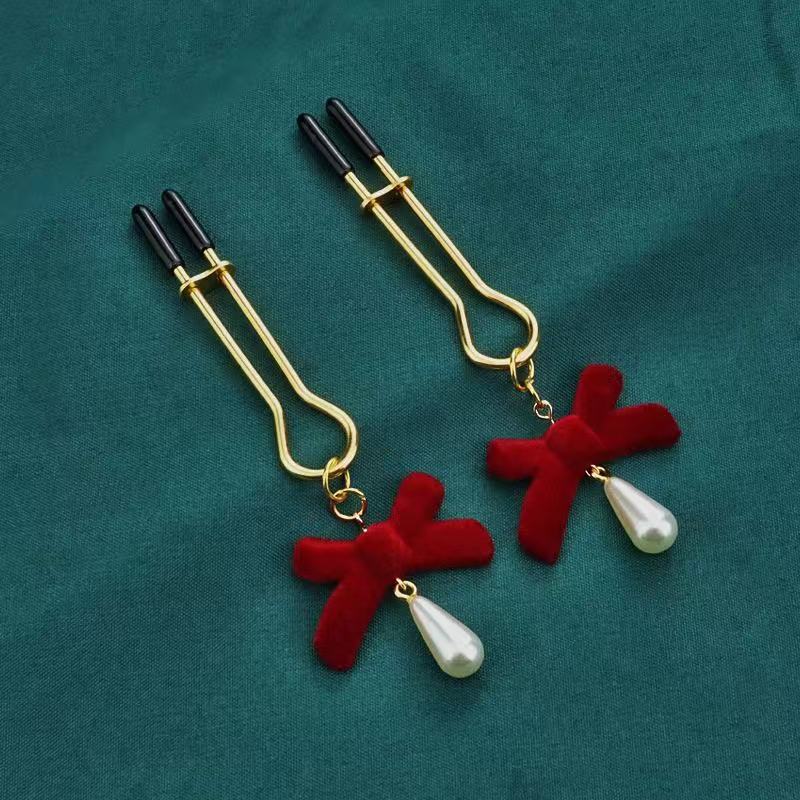 Christmas Red Velvet Bow Nipple Clamps with Pearl & Fluffy Charms