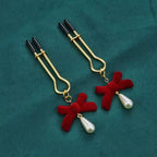 Christmas Red Velvet Bow Nipple Clamps with Pearl & Fluffy Charms