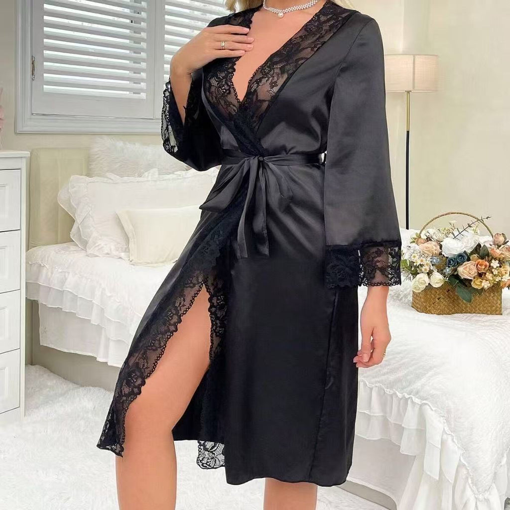 Satin Lace Long Robe – Women’s Lingerie Kimono Nightwear