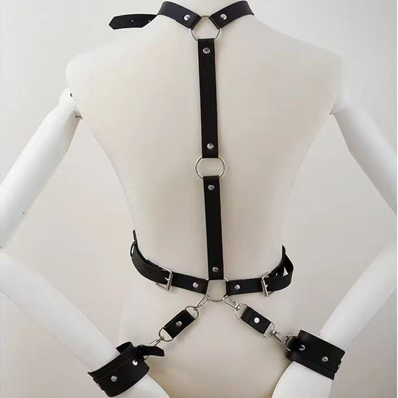 Detachable Chain Bondage Harness – Adjustable Leather Restraint with Versatile Cuff Positions