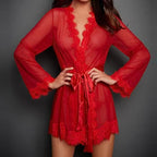 Sheer Lace Robe with Satin Belt – Lingerie Cover-Up