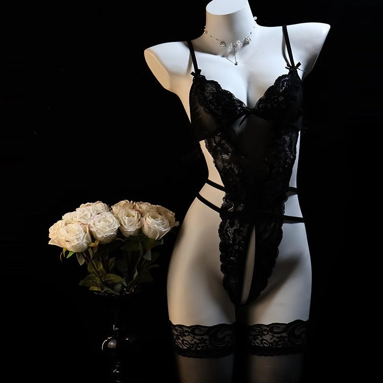 Lace Bodysuit Lingerie – Sheer Strappy Teddy with Floral Details