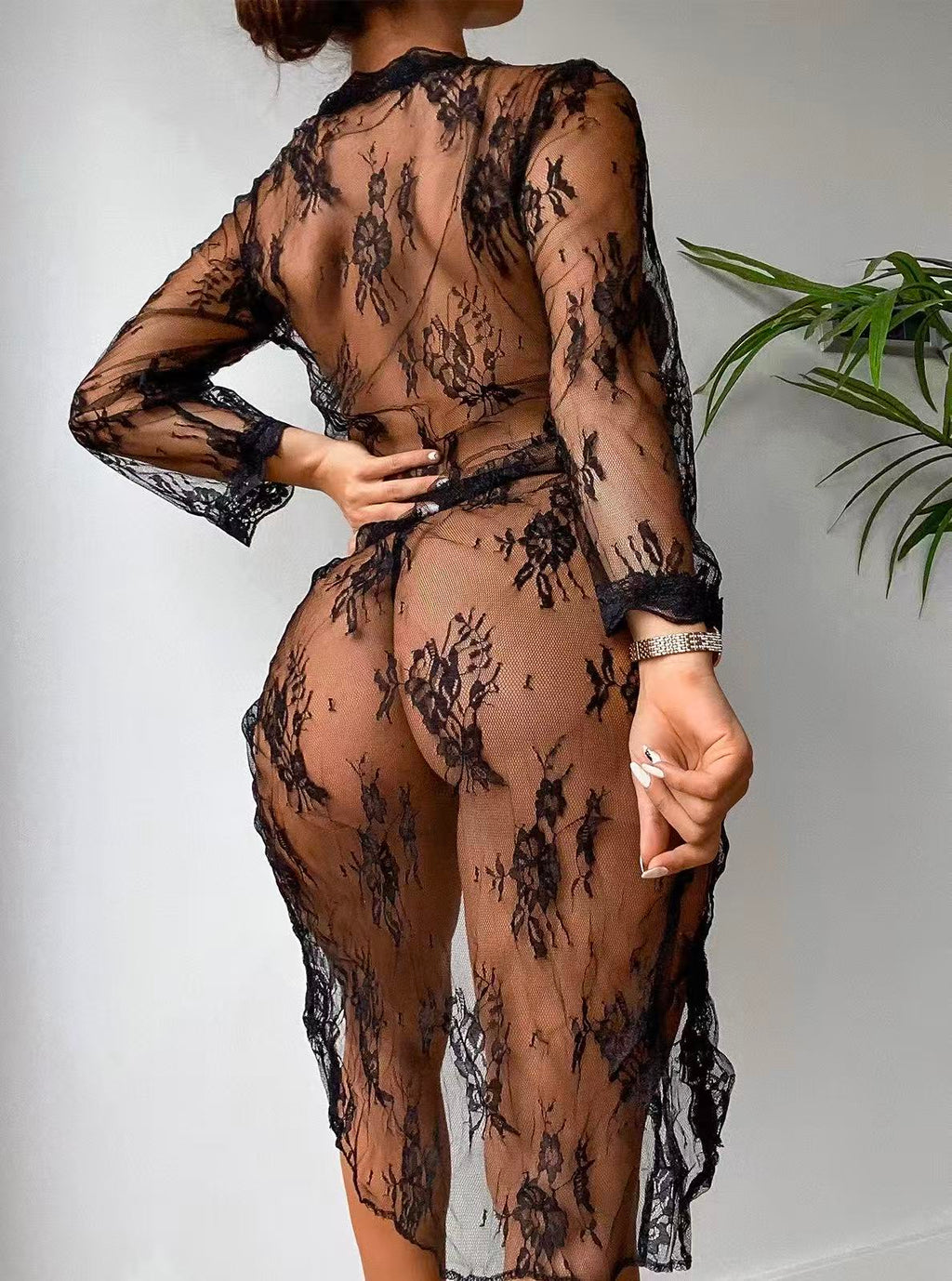 Elegant Sheer Lace Robe with Tie Front – Black Lingerie Cover-Up
