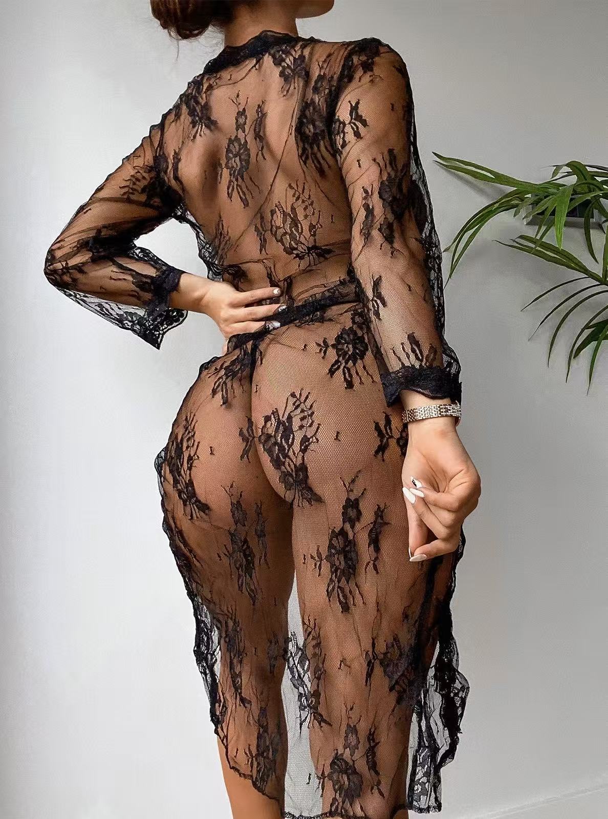 Elegant Sheer Lace Robe with Tie Front – Black Lingerie Cover-Up