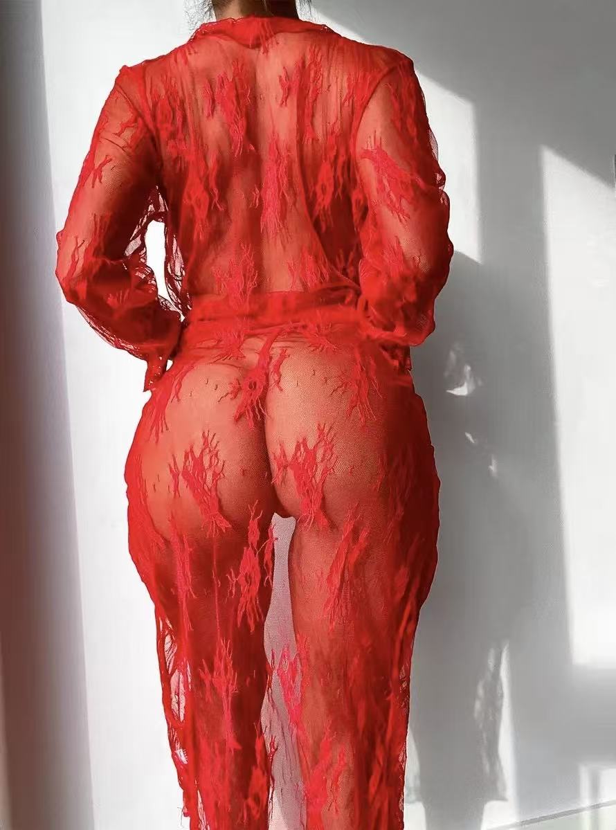 Elegant Sheer Lace Robe with Tie Front – Black Lingerie Cover-Up